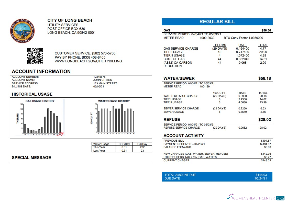 download download USA City of Long Beach utility bill template in Word and PDF format PDF template PDF template